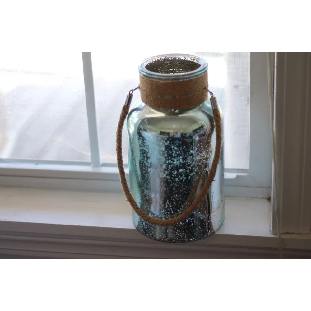 Mark Feldstein Mercury Teal Glass Canister Jar Vase Candle Holder Jute Handle